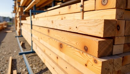 Freshly cut wooden planks stacked at construction site, warm sunlight.