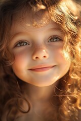 Fototapeta premium Close-up of a smiling young girl with curly hair and freckles, exuding happiness and innocence in warm sunlight.