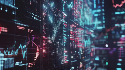 A close-up of stock tickers and digital financial charts rapidly changing in a high-paced stock exchange environment