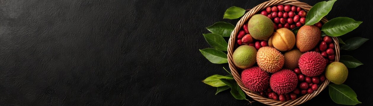 A rustic wicker basket filled with an assortment of colorful and vibrant exotic tropical fruits like rambutan lychee longan pitahaya and mangosteen