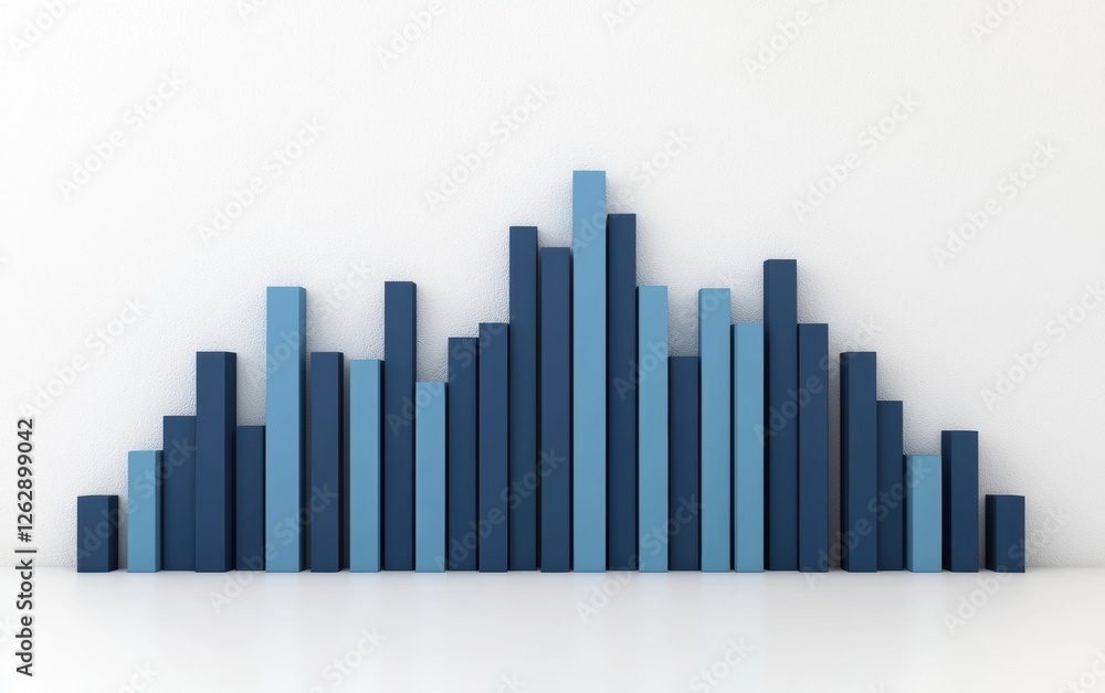 Poster abstract representation of data visualization with blue bars arranged in a mountain shape against a 