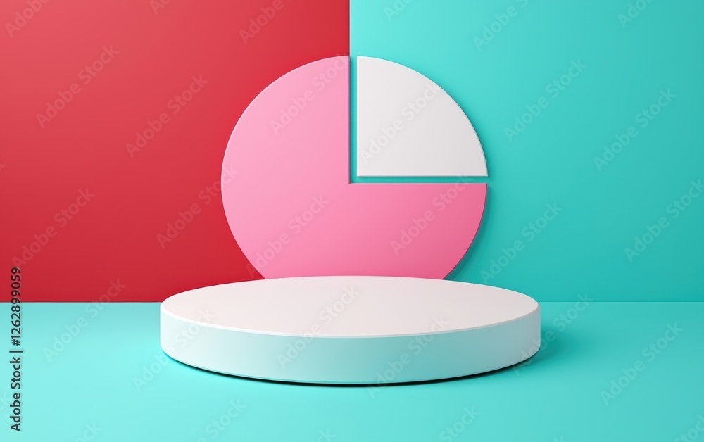 Poster minimalist geometric backdrop featuring a pie chart and circular platform for modern design projects