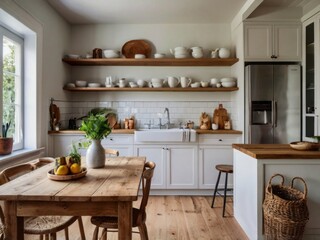 Fototapeta premium Rustic Farmhouse Kitchen With Wooden Table And Shelving