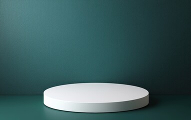 Minimalist display podium on a green textured wall background for showcasing products or art items in a clean, elegant setting.