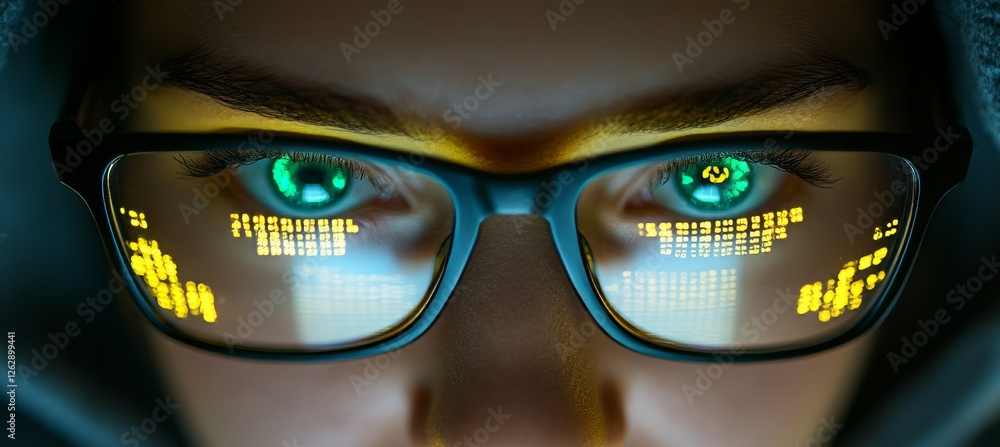 Poster close up, female hacker in hoodie with eye reflection of binary code, cybersecurity concept