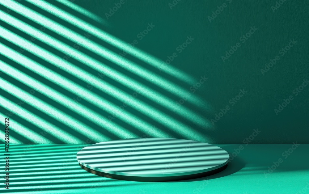Poster minimalist green scene with a round platform and soft shadows creating a contemporary aesthetic for 