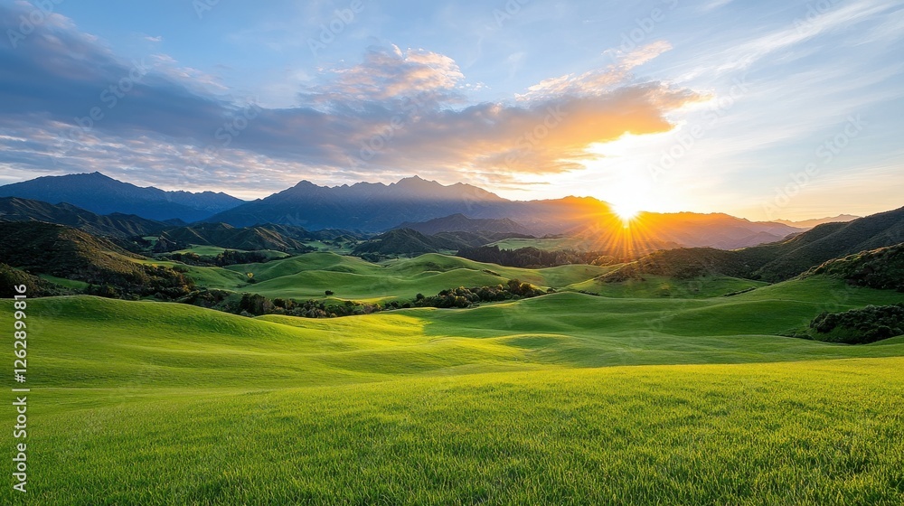 Poster breathtaking view of majestic rolling hills and verdant fields bathed in the warm glow of the settin
