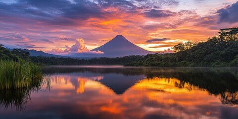 rests under a sky ablaze with sunset hues, as the grandeur of nearby volcanoes adds an air of majesty to the scene