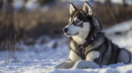 Naklejka premium Majestic husky rests gracefully in a snowy landscape under clear blue skies. Generative AI