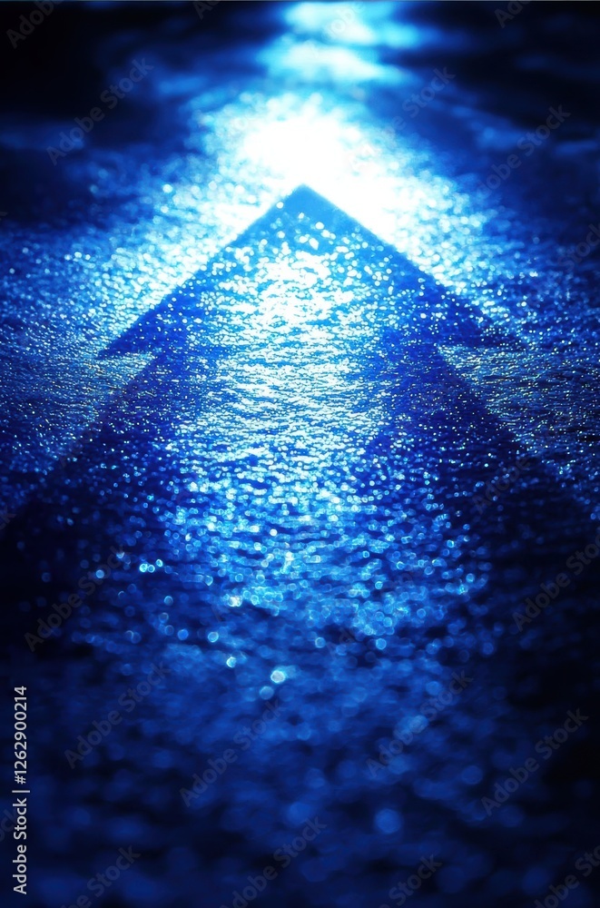 Poster a close-up of a blue illuminated arrow on a wet surface, creating a reflective, abstract pattern tha