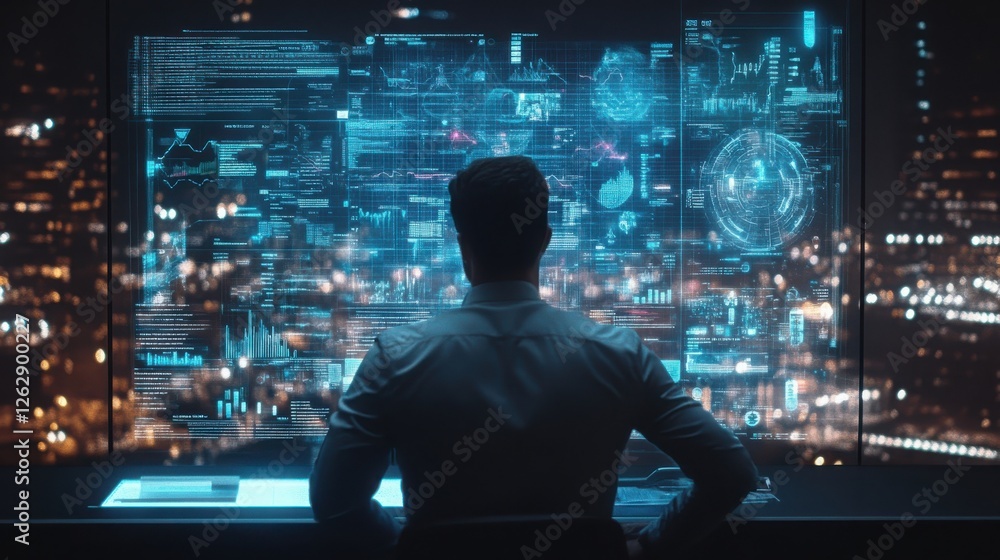Aufkleber a figure sits in front of a futuristic display, analyzing data and graphics against a cityscape back