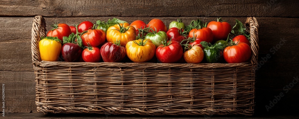 Poster assortment of vibrant heirloom tomatoes in variety of shapes and colors arranged neatly in a rustic 