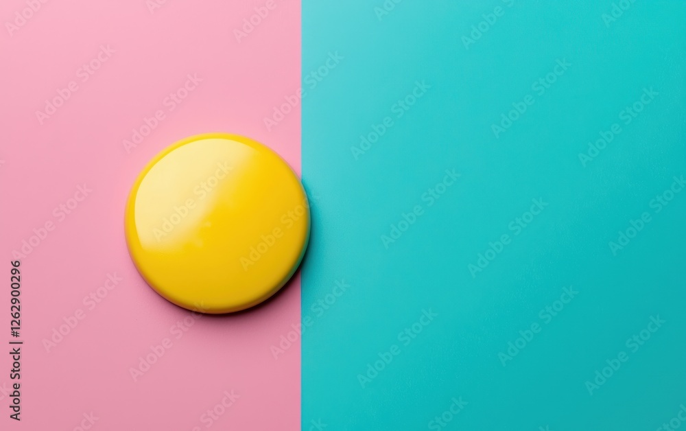 Poster a vibrant yellow button placed on a split background of pink and teal, creating a striking visual co