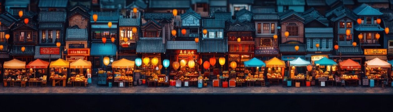 A bustling and vibrant Asian street market scene at night filled with colorful lanterns neon lit stalls and a lively atmosphere of commerce culture and community