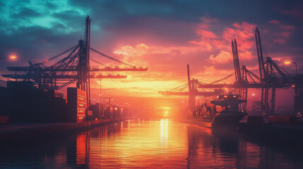 Obraz premium Container truck in ship port for business Logistics and transportation of Container Cargo ship and Cargo plane with working crane bridge in shipyard at sunrise, logistic import export and transport