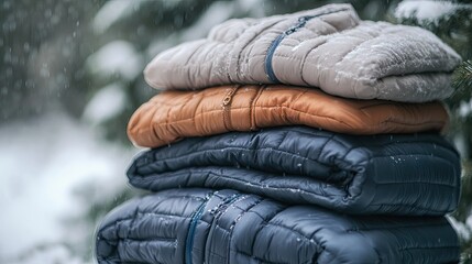 A collection of warm winter jackets neatly folded in a stack, with a soft, snowy backdrop behind them.