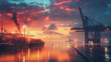 Obraz premium Container truck in ship port for business Logistics and transportation of Container Cargo ship and Cargo plane with working crane bridge in shipyard at sunrise, logistic import export and transport