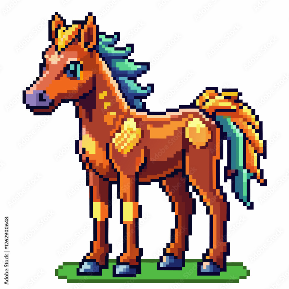 Poster pixel art colorful unicorn with green mane and gradient tail in retro style