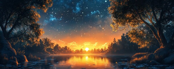 Starry Sky Over Calm Forest Landscape, Generative AI