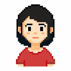 Pixel Art Character Portrait with Black Hair and Red Shirt for Retro Gaming