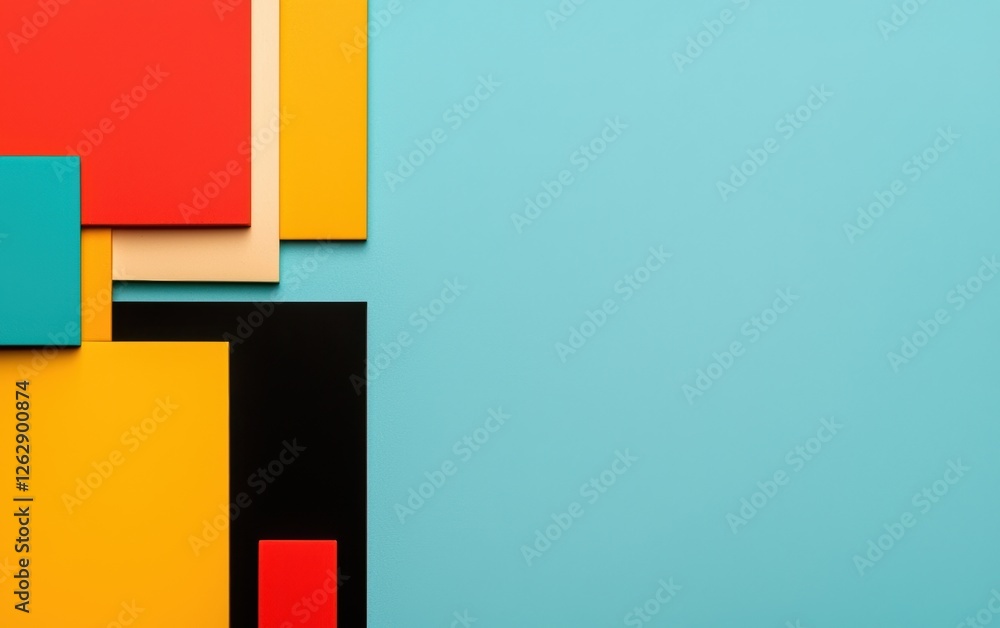 Poster vibrant abstraction of colored squares and rectangles on a blue background, creating a lively and mo