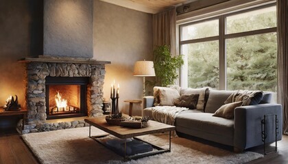 A cozy living room with a plush sofa, a warm fireplace, and soft lighting creating a relaxing and inviting atmosphere.