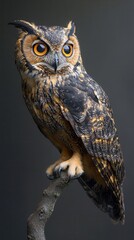 Majestic owl perched gracefully on a branch against a dark backdrop at dusk in the forest. Generative AI