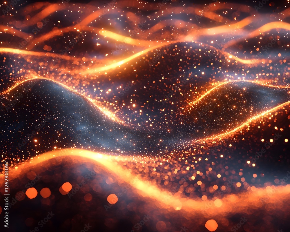 Poster surreal glowing particle cloud forming vibrant quantum computing interface with dynamic motion symbo
