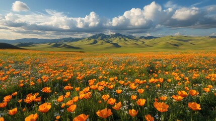 Carrizo plain national monument super bloom covering the valley with orange flowers