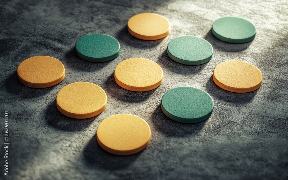Poster colorful game tokens arranged on a textured surface, showcasing bright hues and shadows for an engag