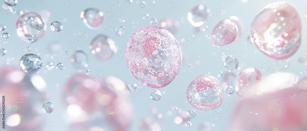 Poster a captivating image of colorful bubbles floating in a serene environment, showcasing reflections and