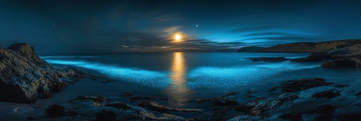 Naklejka premium massive moon low in the sky, casting its light over the sea, where bioluminescent plankton glow brightly