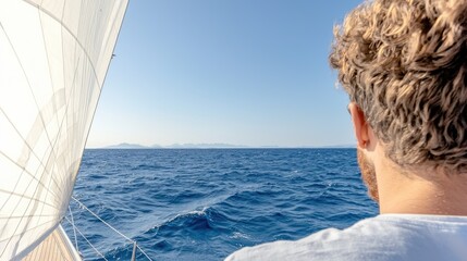 Fototapeta premium Young man looking at the blue ocean horizon from a sailing boat during a sunny day.
