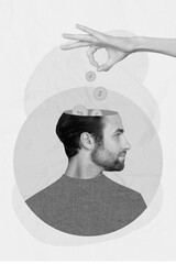 Vertical collage image of arm fingers hold throw money coins inside black white gamma opened head...