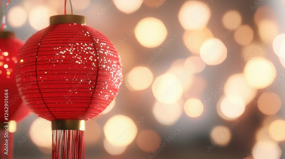 Poster vibrant red lantern against a soft bokeh background, adding warmth and festive charm to various cele