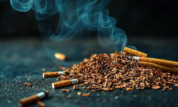 A close-up capture of discarded cigarette butts amidst dried tobacco, portraying the environmental impact and personal challenges of smoking habits.