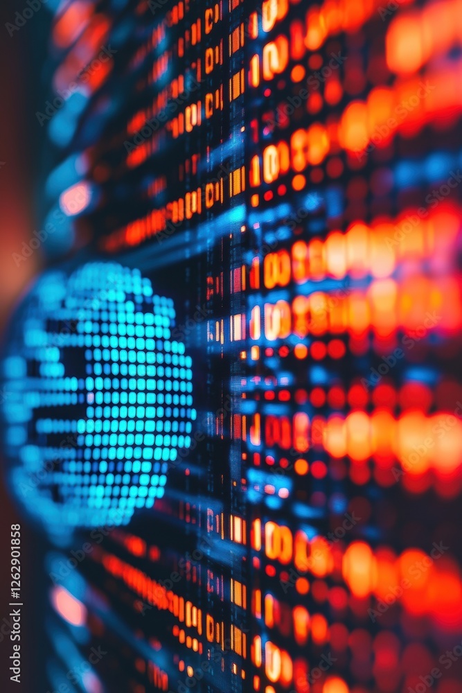 Poster colorful abstract representation of digital data visualization with binary code and globe motif, sym
