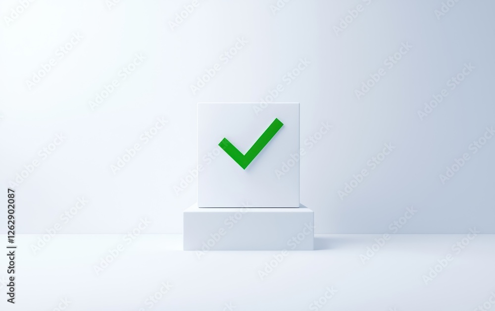Poster a minimalist design featuring a green check mark on a smooth white block, symbolizing approval and s