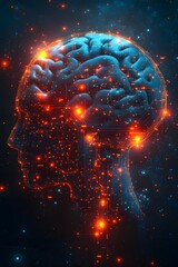 Futuristic AI brain illustration with glowing neural connections and data flow