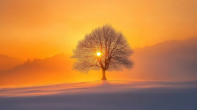 winter, a lone tree stands in a snowy field, its silhouette a testament to nature resilience and elegance