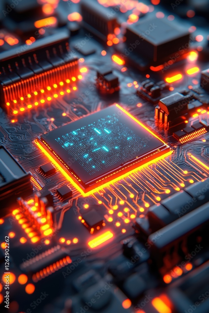 Poster close-up of a high-tech circuit board illuminated with glowing orange lights, showcasing intricate e