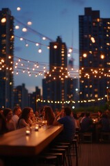 Obraz premium string lights creating a warm glow, city skyscrapers in the background, and groups enjoying lively conversations