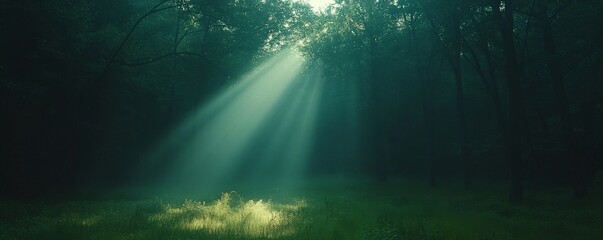 Soft Dawn Light Through Dense Forest Trees, Generative AI