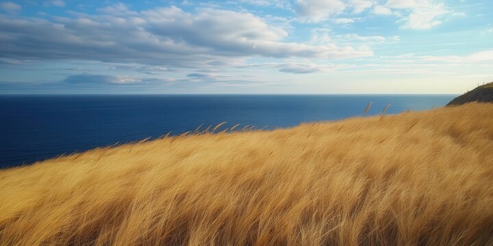 dry grass swaying in the wind on a coastal hill, overlooking the endless expanse of the sea,