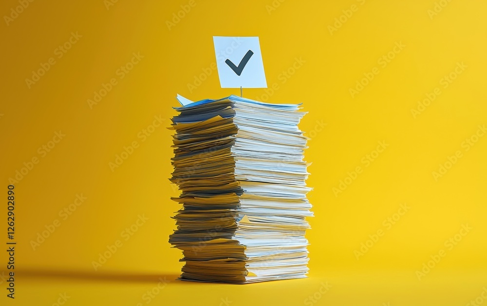 Poster a tall stack of papers with a check mark signifying completion against a vibrant yellow backdrop, sy