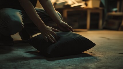 Person adjusting a pillow on a dimly lit floor, creating a cozy and warm ambience in the room.