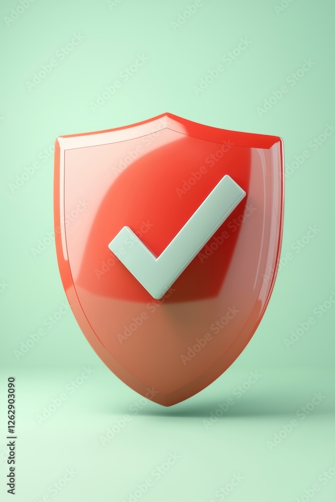 Poster a glossy shield icon with a check mark, symbolizing security and trust in a modern design.