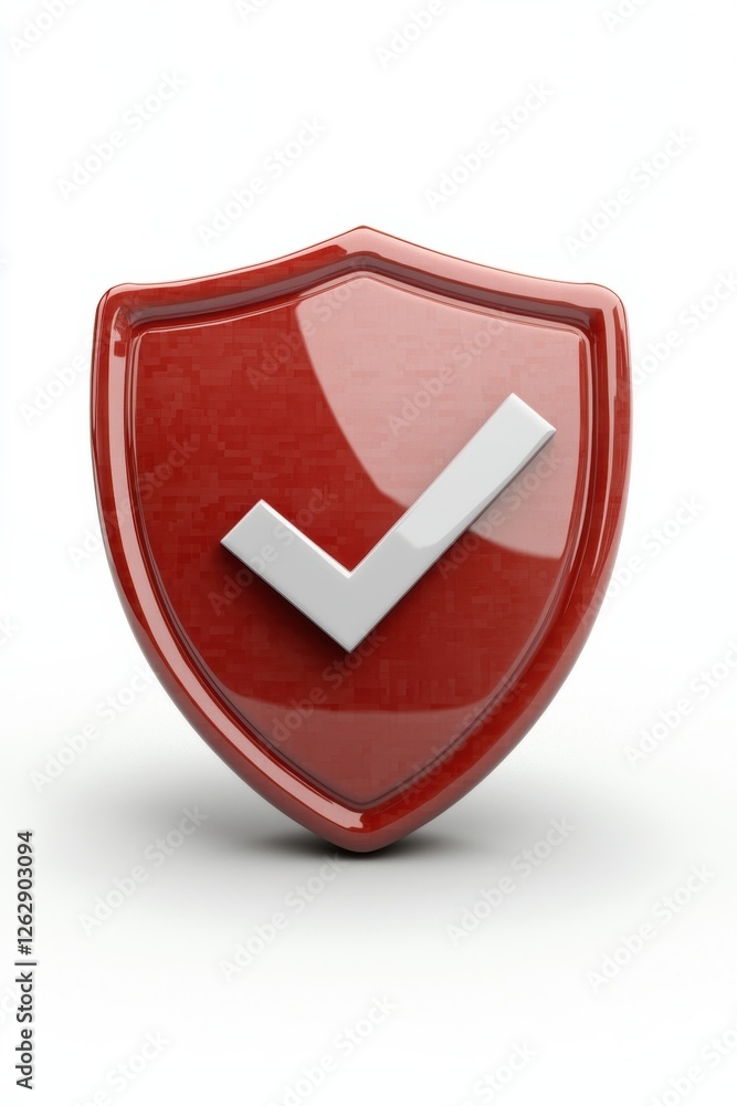 Poster a shiny red shield with a check mark symbolizing protection, security, and trust in various contexts