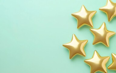 Obraz premium Shiny golden stars scattered on a soft mint background creating a vibrant and festive atmosphere, ideal for celebration designs.
