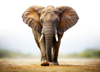 Fototapeta premium A solitary African elephant, front and center, dramatically set against a pure white background.